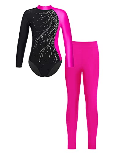 iEFiEL Mädchen Turnanzug Glitzer Gymnastik Leotard Langarm Akrobatik Anzug Tanzkostüme Turnbody Jumpsuit mit Lang Leggings Za Rose 122-128 von iEFiEL