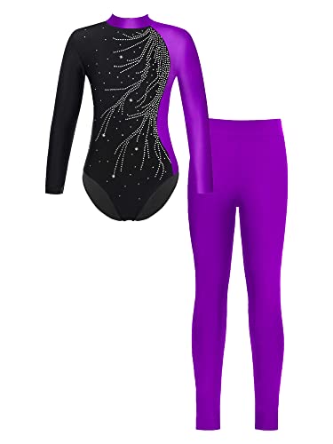 iEFiEL Mädchen Turnanzug Glitzer Gymnastik Leotard Langarm Akrobatik Anzug Tanzkostüme Turnbody Jumpsuit mit Lang Leggings Za Violett 146-152 von iEFiEL