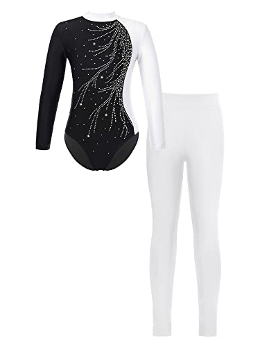 iEFiEL Mädchen Turnanzug Glitzer Gymnastik Leotard Langarm Akrobatik Anzug Tanzkostüme Turnbody Jumpsuit mit Lang Leggings Za Weiß 122-128 von iEFiEL