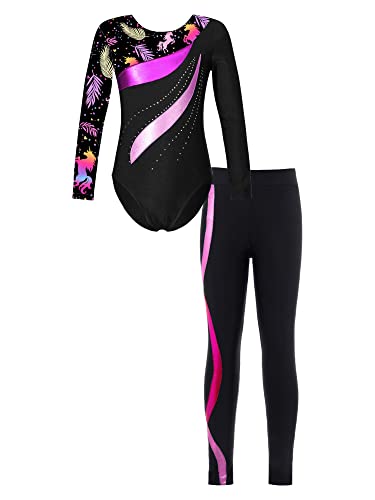 iEFiEL Mädchen Turnanzug Glitzer Gymnastik Leotard Langarm Akrobatik Anzug Tanzkostüme Turnbody Jumpsuit mit Lang Leggings Zb Schwarz + Hot Rosa 134-140 von iEFiEL