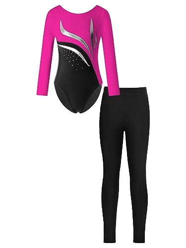 iEFiEL Mädchen Turnanzug Glitzer Gymnastik Leotard Langarm Akrobatik Anzug Tanzkostüme Turnbody Jumpsuit mit Lang Leggings Zc Hell Rosa + Schwarz 146-152 von iEFiEL