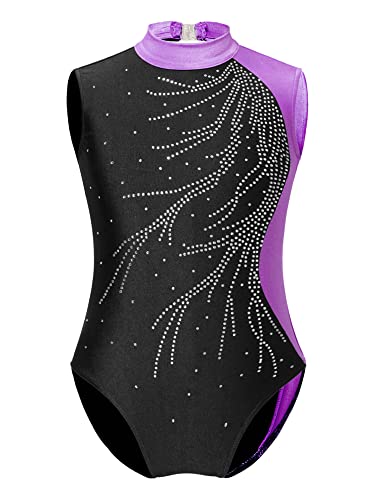 iEFiEL Mädchen Turnanzug Glitzer Gymnastikanzug Ballett Trikotanzug mit Strass Ballettanzug Trainning Sportbody Wettbewerb Tanzkostüm Violett 110-116 von iEFiEL