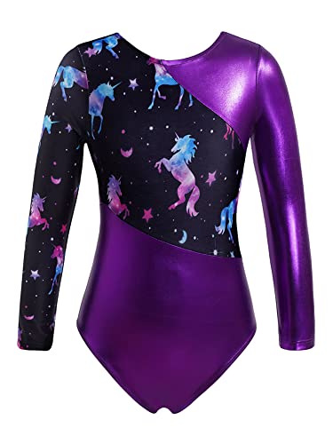 iEFiEL Mädchen Turnanzug Langarm Leotard Gymnastik Trikot Einhörner Muster Klassisch Gymnastikanzug für Kinder mit Kreuzen Rückchen X Violett 110-116 von iEFiEL