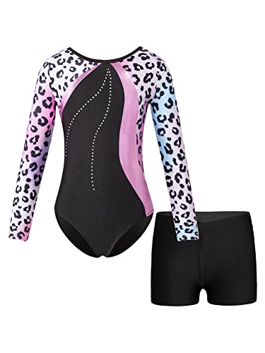 iEFiEL Mädchen Turnanzug Langarm Body Gymnastik Trikot Einhörner Muster Klassisch Gymnastikanzug für Kinder mit Kreuzen Rückchen Xa Schwarz Leotard mit Shorts 134-140 von iEFiEL