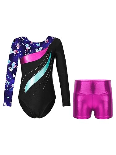 iEFiEL Mädchen Turnanzug Langarm Leotard Gymnastik Trikot Einhörner Muster Klassisch Gymnastikanzug für Kinder mit Kreuzen Rückchen Xc Fee Marine 98-104 von iEFiEL