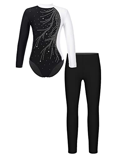 iEFiEL Mädchen Turnanzug Langarm Glitzer Gymnastik Kleidung Set Ballett Trikot Langarmbody mit Lange Hose Kinder Gymnastikanzug A Schwarz 122-128 von iEFiEL