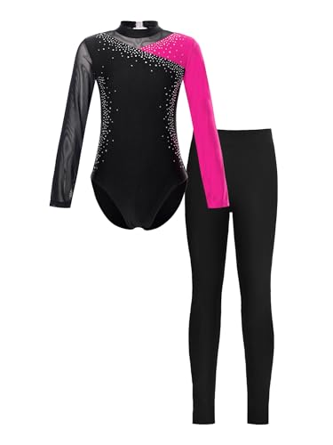 iEFiEL Mädchen Turnanzug Langarm Glitzer Gymnastik Kleidung Set Ballett Trikot Langarmbody mit Lange Hose Kinder Gymnastikanzug Zc Hell Rosa + Schwarz 146-152 von iEFiEL