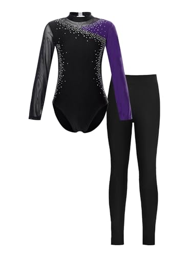 iEFiEL Mädchen Turnanzug Langarm Glitzer Gymnastik Kleidung Set Ballett Trikot Langarmbody mit Lange Hose Kinder Gymnastikanzug Zc Lila + Schwarz 110-116 von iEFiEL