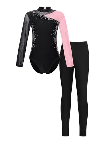 iEFiEL Mädchen Turnanzug Langarm Glitzer Gymnastik Kleidung Set Ballett Trikot Langarmbody mit Lange Hose Kinder Gymnastikanzug Zc Rosa + Schwarz 134-140 von iEFiEL