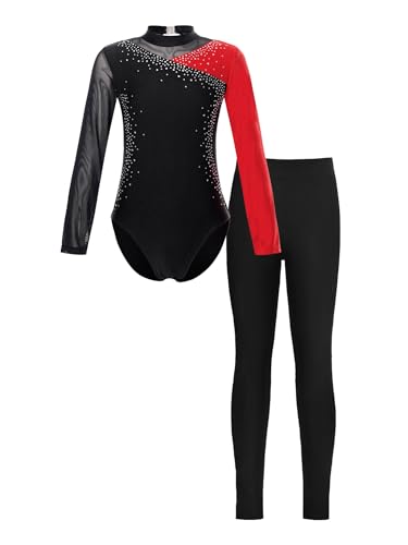 iEFiEL Mädchen Turnanzug Langarm Glitzer Gymnastik Kleidung Set Ballett Trikot Langarmbody mit Lange Hose Kinder Gymnastikanzug Zc Rot + Schwarz 122-128 von iEFiEL