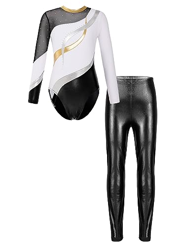 iEFiEL Mädchen Turnanzug Langarm Turnbody Lang Sporthosen Leggings Glänzende Gymnastikanzug Sportlich Leotard Weiß schwarz 134-140 von iEFiEL