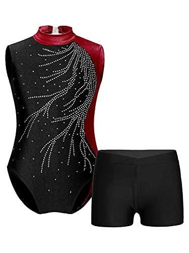 iEFiEL Mädchen Turnanzug Slim Fit Turntrikot Gymnastikbody Shorts mit Strasssteine Gymnastik Anzug Ballett Trikotanzug Tanzkostüm Burgundy 146-152 von iEFiEL