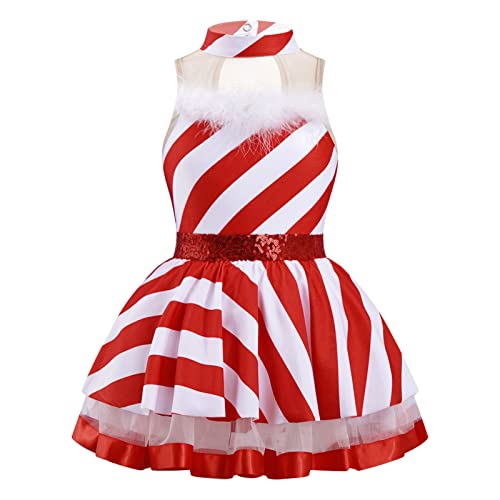 iEFiEL Mädchen Weihnachten Kleid Ärmellose Zuckerstange Kostüm Kinder Weihnachtskostüm Streifen Partykleid Ballett Tutu Festzug Kleidung Rot Stehkragen 158-164 von iEFiEL