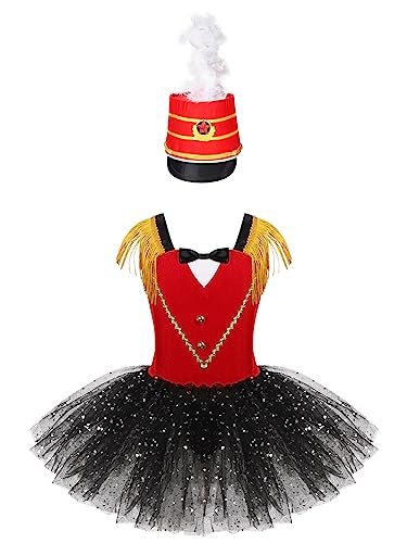 iEFiEL Mädchen Zirkus Kostüm Zirkusdirektor Halloween Fasching Kostüm Glitzer Ballettkleid mitTüllrock Tütü Tanzkleid X Rot mit Hut 158-164 von iEFiEL