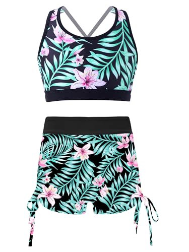 iEFiEL Mädchen Zweiteiler Badeanzug Kinder Bikini Sets Hawaii Bademode Modische Badebekleidung Set Crop Tops und Shorts Sommer Anzug Xe Lilie 146-152 von iEFiEL