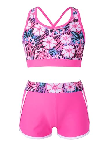 iEFiEL Mädchen Zweiteiler Badeanzug Kinder Bikini Sets Hawaii Stil Bademode Badebekleidung Set Bade Tops und Badeshorts Sommer Anzug Za Rosenrot 158-164 von iEFiEL