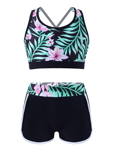 iEFiEL Mädchen Zweiteiler Badeanzug Kinder Bikini Sets Hawaii Stil Bademode Badebekleidung Set Bade Tops und Badeshorts Sommer Anzug Za Schwarze Lilie 134-140 von iEFiEL