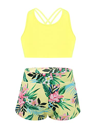 iEFiEL Mädchen Zweiteiler Badeanzug Kinder Bikini Sets Hawaii Stil Bademode Badebekleidung Set Bade Tops und Badeshorts Sommer Anzug Zitronengelb 170-176 von iEFiEL