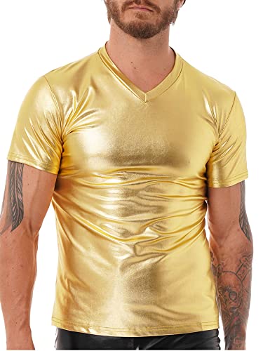 iEFiEL Männer T-Shirt Wetlook Herren Langarm/Kurzarm Shirt Langarmshirt/Kurzarmshirt Top Achselhemd Unterhemd Slim Fit Oberteile Gold Kurzarm L von iEFiEL