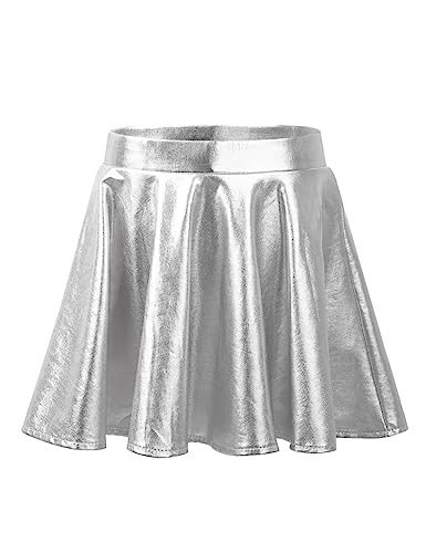 iEFiEL Mdächen Metallic Rock Glänzende Minirock Kurz Faltenrock Elastischen Bund Skater Skort Tanzkostüm Schulmädchen Rock Silber 134-140 von iEFiEL