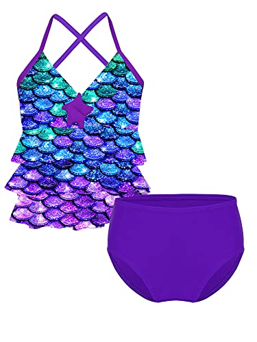 iEFiEL Meerjungfrau Bikini Set Mädchen Tankini Badeanzug Sommer Badebekleidung mit Fischschuppen gr. 98 104 116 128 140 152 164 A Lila + Blau 104 von iEFiEL