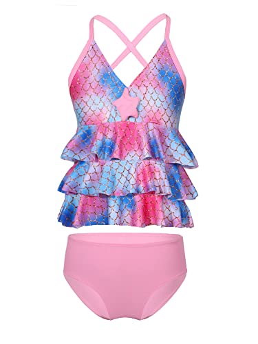 iEFiEL Meerjungfrau Bikini Set Mädchen Tankini Badeanzug Sommer Badebekleidung mit Fischschuppen gr. 98 104 116 128 140 152 164 Rosa 116 von iEFiEL