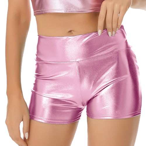 iEFiEL Metallic Damen Hotpants Kurze Sport Shorts Yogahose Sporthose Tanz Gymnastik Bekleidung Casual Freizeit Shorts Fitness Pants W Rosa L von iEFiEL