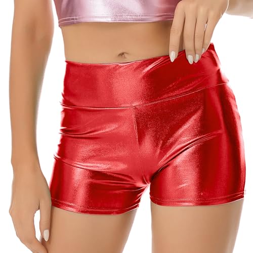 iEFiEL Metallic Damen Hotpants Kurze Sport Shorts Yogahose Sporthose Tanz Gymnastik Bekleidung Casual Freizeit Shorts Fitness Pants W Rot XL von iEFiEL