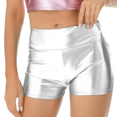 iEFiEL Metallic Damen Hotpants Kurze Sport Shorts Yogahose Sporthose Tanz Gymnastik Bekleidung Casual Freizeit Shorts Fitness Pants W Silber L von iEFiEL