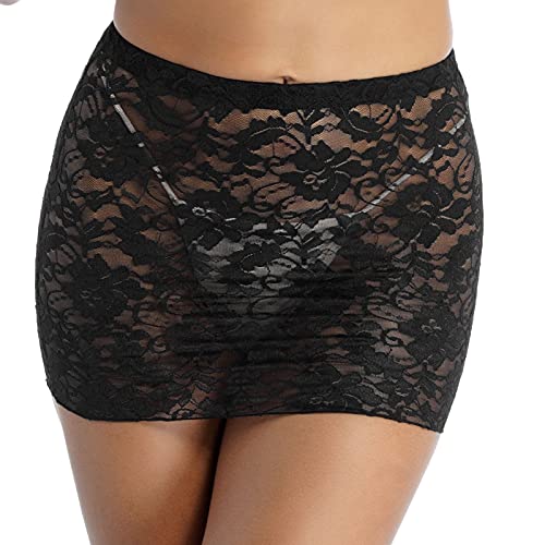 iEFiEL Transparente Damen Spitze Minirock Schwarz Bodycon Mini Rock Bleistiftrock Figurbetont Stretch Partykleid Kurz Spitze Schwarz Einheitsgröße von iEFiEL