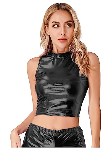 iEFiEL Modische Damen Crop Top Wetlook Bauchfrei Oberteile Ärmellos Rollkragen T-Shirt Weste Unterhemd Rave Gogo Clubwear Schwarz L von iEFiEL