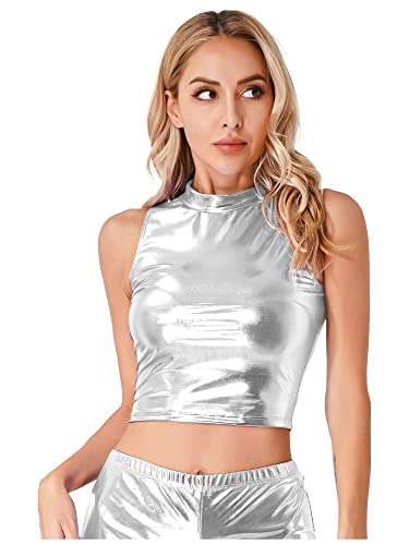 iEFiEL Damen Metallic Tank Top Wetlook Crop Top Bauchfrei Oberteile Ärmellos T-Shirt Rollkragen Weste Hemd Rave Party Top Silber M von iEFiEL