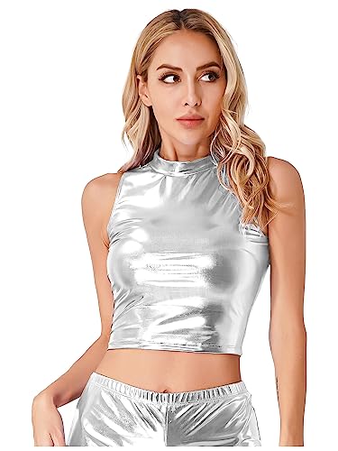 iEFiEL Damen Metallic Tank Top Wetlook Crop Top Bauchfrei Oberteile Ärmellos T-Shirt Rollkragen Weste Hemd Rave Party Top Silber S von iEFiEL