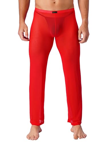 iEFiEL Sexy Männer Herren Hose Netz Transparent Lang Unterhosen Jogginghose Unterwäsche Strumpfhose S-XXL Rot Mesh M von iEFiEL