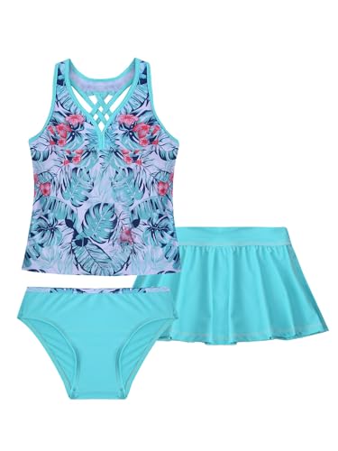 iEFiEL Stilvoller Mädchen Badeanzug 3tlg. Bikini Badeset mit Blumenmuster Neckholder Tankini Top Bikinihosen und Baderock Badekleid Outfits X Grün 98-104 von iEFiEL