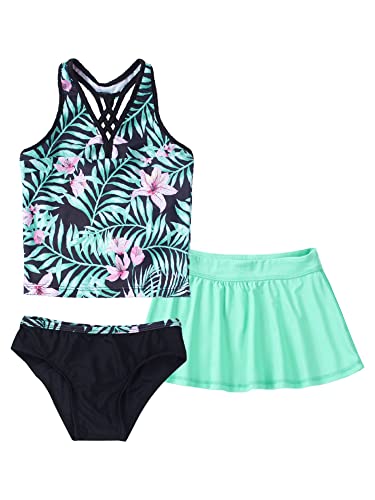 iEFiEL Stilvoller Mädchen Badeanzug 3tlg. Bikini Badeset mit Blumenmuster Neckholder Tankini Top Bikinihosen und Baderock Badekleid Outfits X Schwarz Lilie 170-176 von iEFiEL