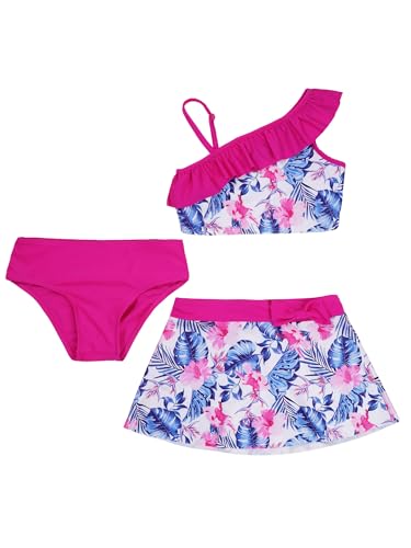 iEFiEL Stilvoller Mädchen Badeanzug 3tlg. Bikini Badeset mit Blumenmuster Neckholder Tankini Top Bikinihosen und Baderock Badekleid Outfits Xd Rosenrot 122-128 von iEFiEL