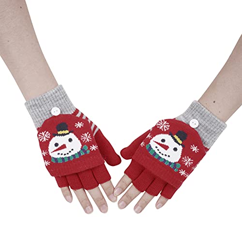 iEFiEL Süße Weihnachtshandschuhe Warme Weiche Winterhandschuhe Fingerlos Handschuhe Baumwolle Halb Fingerhandschuhe mit Flip-Top für Mädchen Frauen Rot One Size von iEFiEL