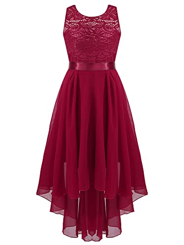 iEFiEL Mädchen Festlich Kleid Hochzeits Vokuhila Kleid Spitzen Blumenmädchenkleider Brautjungfern Kleider für Kinder Chiffon Prinzessin Kleid Burgundy 116 von iEFiEL