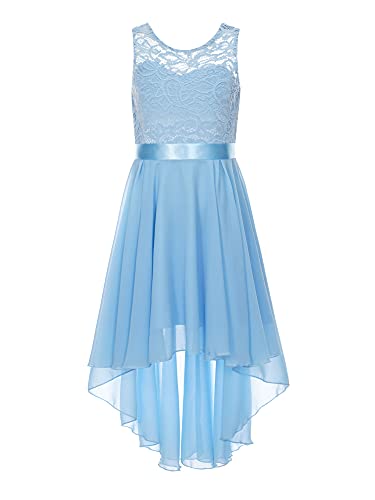 iEFiEL Mädchen Festlich Kleid Hochzeits Vokuhila Kleid Spitzen Blumenmädchenkleider Brautjungfern Kleider für Kinder Chiffon Prinzessin Kleid Hell Blau 140 von iEFiEL