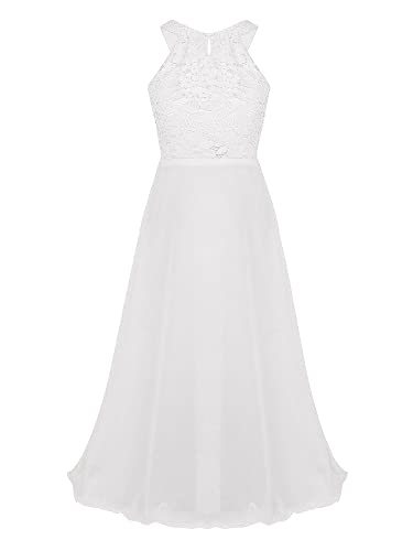 iEFiEL Mädchen Festlich Kleid Spitze Hochzeit Kleid Elegant Kinderkleid Patchwork Blumenmädchenkleider Partykleid Maxikleid Weiß 164 von iEFiEL