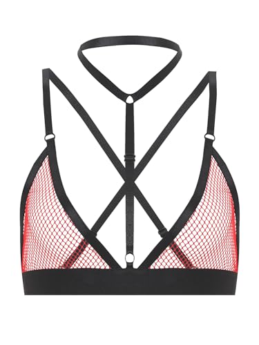 iEFiEL Transparent Damen BH Bustier Fischnetz Crop Top Bauchfrei Oberteil Mesh Tops Bralette Tank Tops Sport Weste Clubwear Gr. S-4XL X Rot A L von iEFiEL