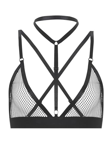 iEFiEL Transparent Damen BH Bustier Fischnetz Crop Top Bauchfrei Oberteil Mesh Tops Bralette Tank Tops Sport Weste Clubwear Gr. S-4XL X Schwarz A XL von iEFiEL