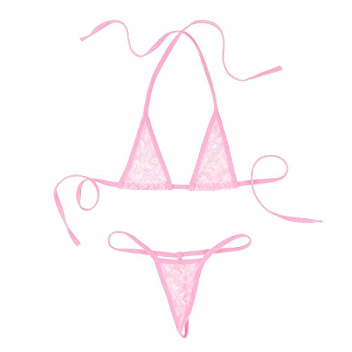 iEFiEL Transparent Damen Micro Bikini Set Spitze Bikinis mit Strings Tanga Mini Triangle Bra Neckholder Top BH Extrem Badeanzug Bademode Rosa Einheitsgröße von iEFiEL