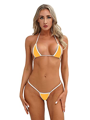 iEFiEL Transparent Damen Micro Bikini Set Spitze Bikinis mit Strings Tanga Mini Triangle Bra Neckholder Top BH Extrem Badeanzug Bademode Ya Orange Einheitsgröße von iEFiEL