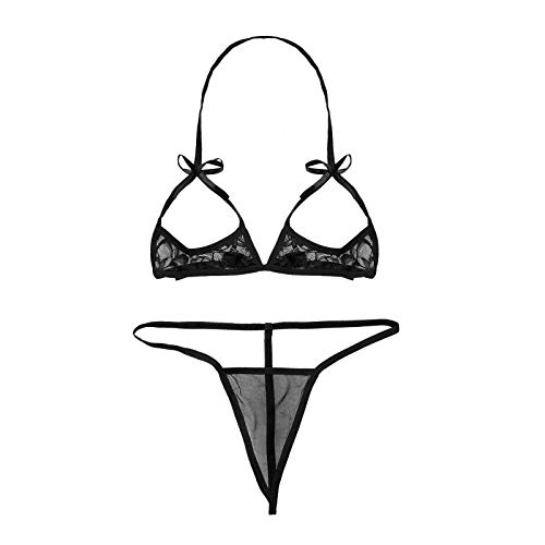 iEFiEL Transparent Damen Micro Bikini Set Spitze Bikinis mit Strings Tanga Mini Triangle Bra Neckholder Top BH Extrem Badeanzug Bademode Z Schwarz Brustfrei Einheitsgröße von iEFiEL