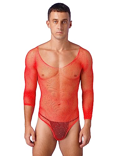 iEFiEL Transparent Herren Sissy Body Mesh Unterhemd String Body Träger Top Erotik Stringbody Dessous Xa Rot Langarm Einheitsgröße von iEFiEL