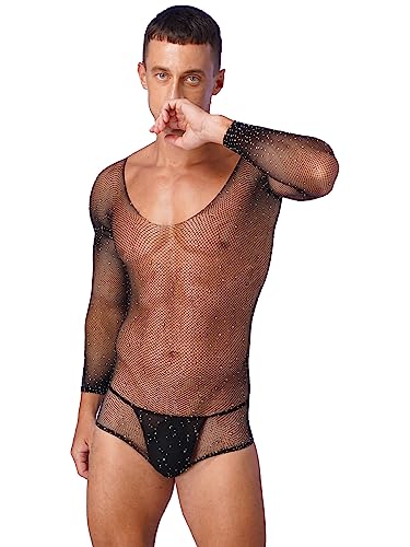 iEFiEL Transparent Herren Sissy Body Mesh Unterhemd String Body Träger Top Erotik Stringbody Dessous Xa Schwarz Langarm Einheitsgröße von iEFiEL