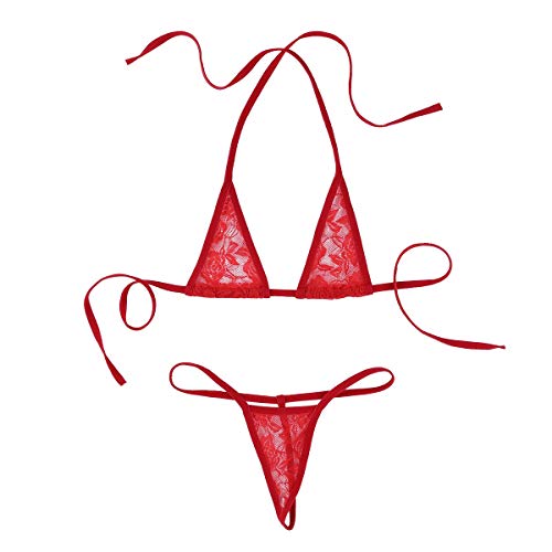 iEFiEL Transparent Damen Micro Bikini Set Spitze Bikinis mit Strings Tanga Mini Triangle Bra Neckholder Top BH Extrem Badeanzug Bademode Rot Einheitsgröße von iEFiEL