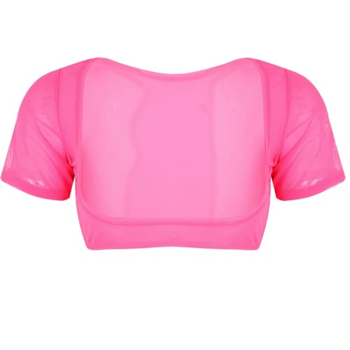 iEFiEL Transparente Damen Micro Bikini Top Kurzarm Unterhemd Bauchfreies Oberteil BH Crop Tops Bauchtanz Shirt Dessous Reizwäsche Hot Pink One Size von iEFiEL